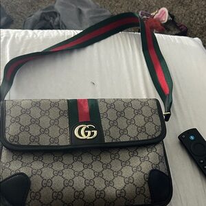 Gucci Beige Monogram Bag with Red and Green Strap